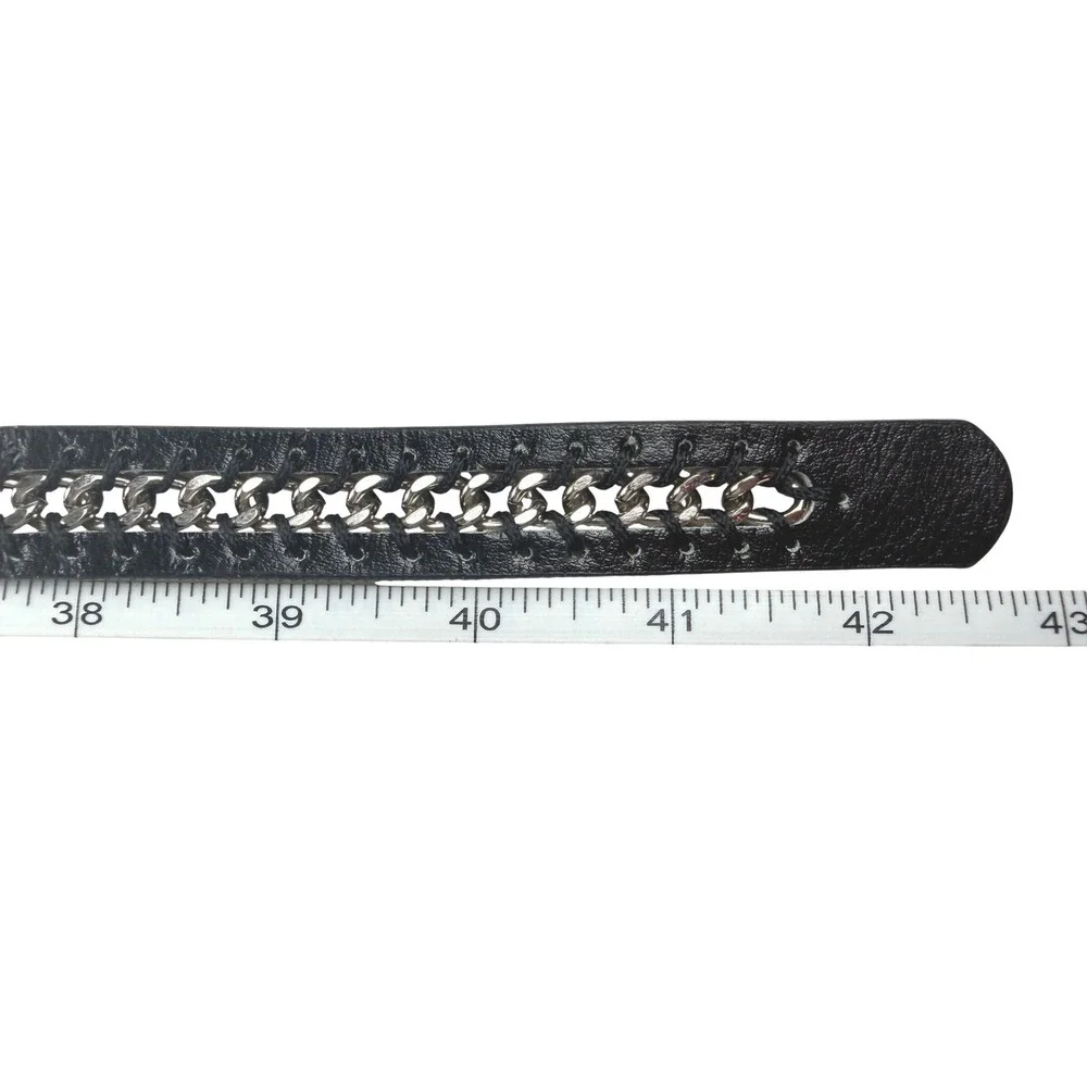 Black Faux Leather‎ Chain Link Belt Silver Buckle Edgy Punk Rock Style
